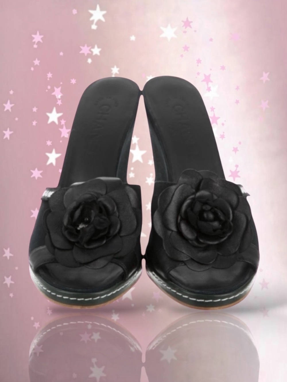 🩷CHANEL Canvas Leather Camellia Slide On Platform Wedge Sandals • BLACK • 36.5EU